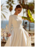 Long Sleeves Pearl Beaded Ivory Satin Modest Wedding Dress